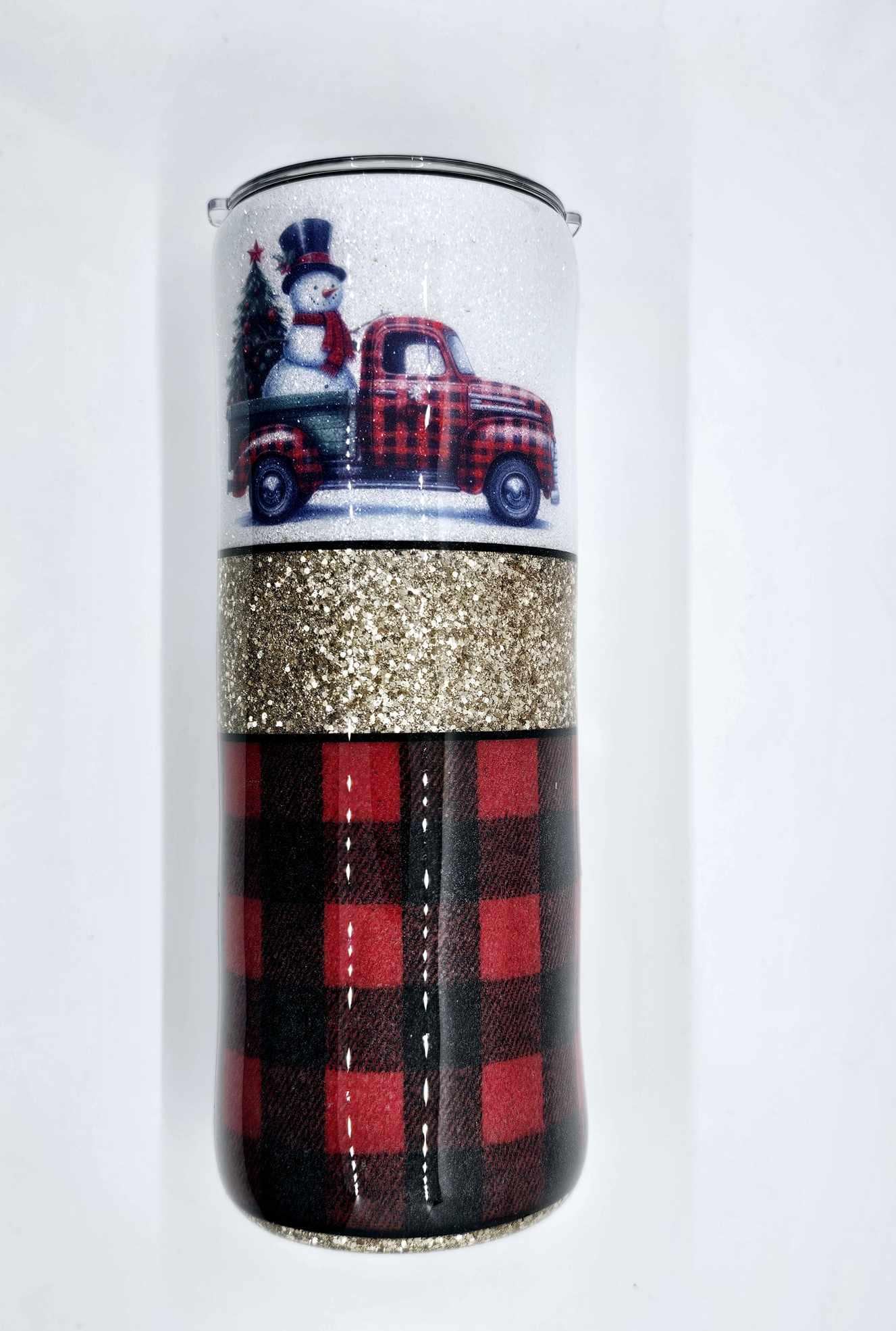 BUFFALO PLAID WITH SNOWMAN AND RED TRUCK TUMBLER