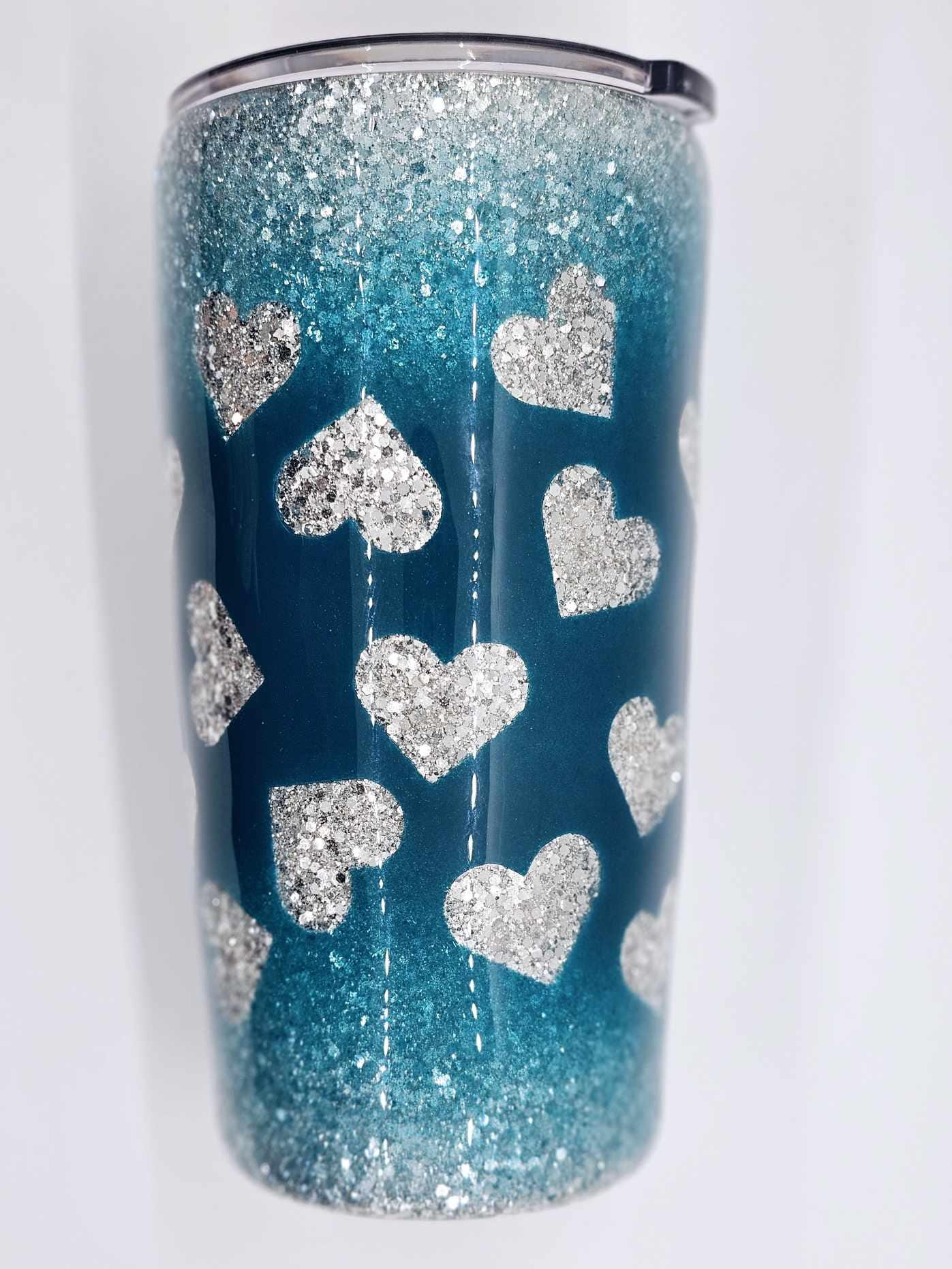 TEAL WITH SILVER HEARTS TUMBLER
