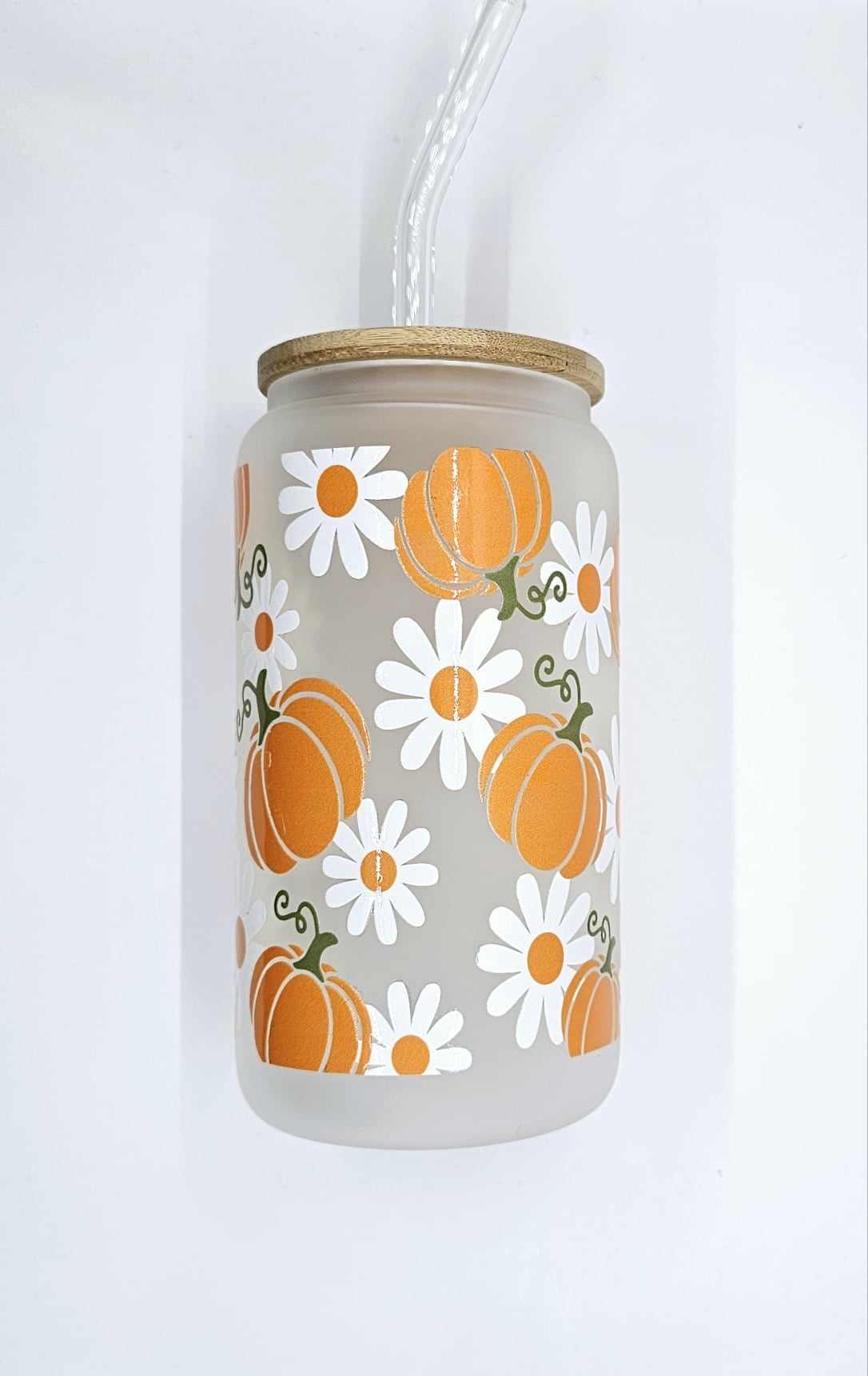 PUMPKIN AND DAISY GLASS CAN TUMBLER