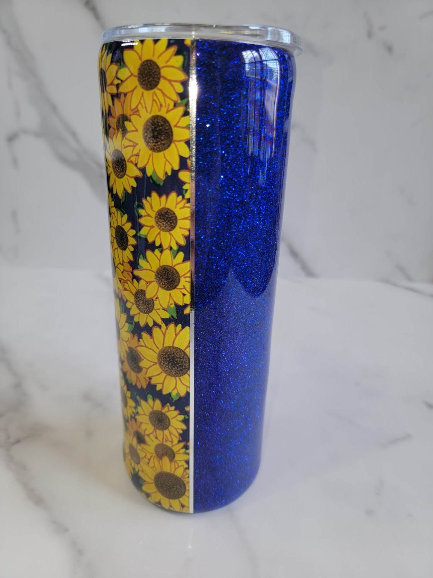 SUNFLOWERS AND BLUE GLITTER TUMBLER