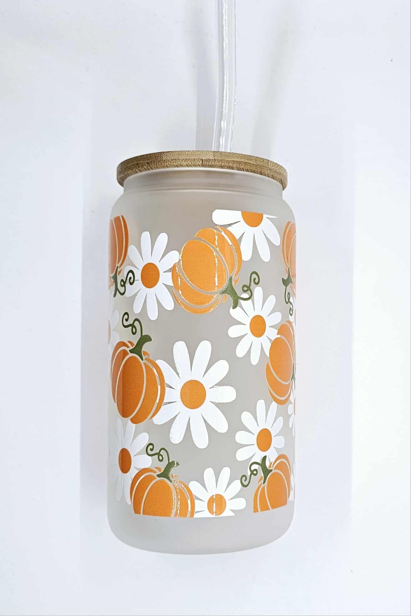 PUMPKIN AND DAISY GLASS CAN TUMBLER