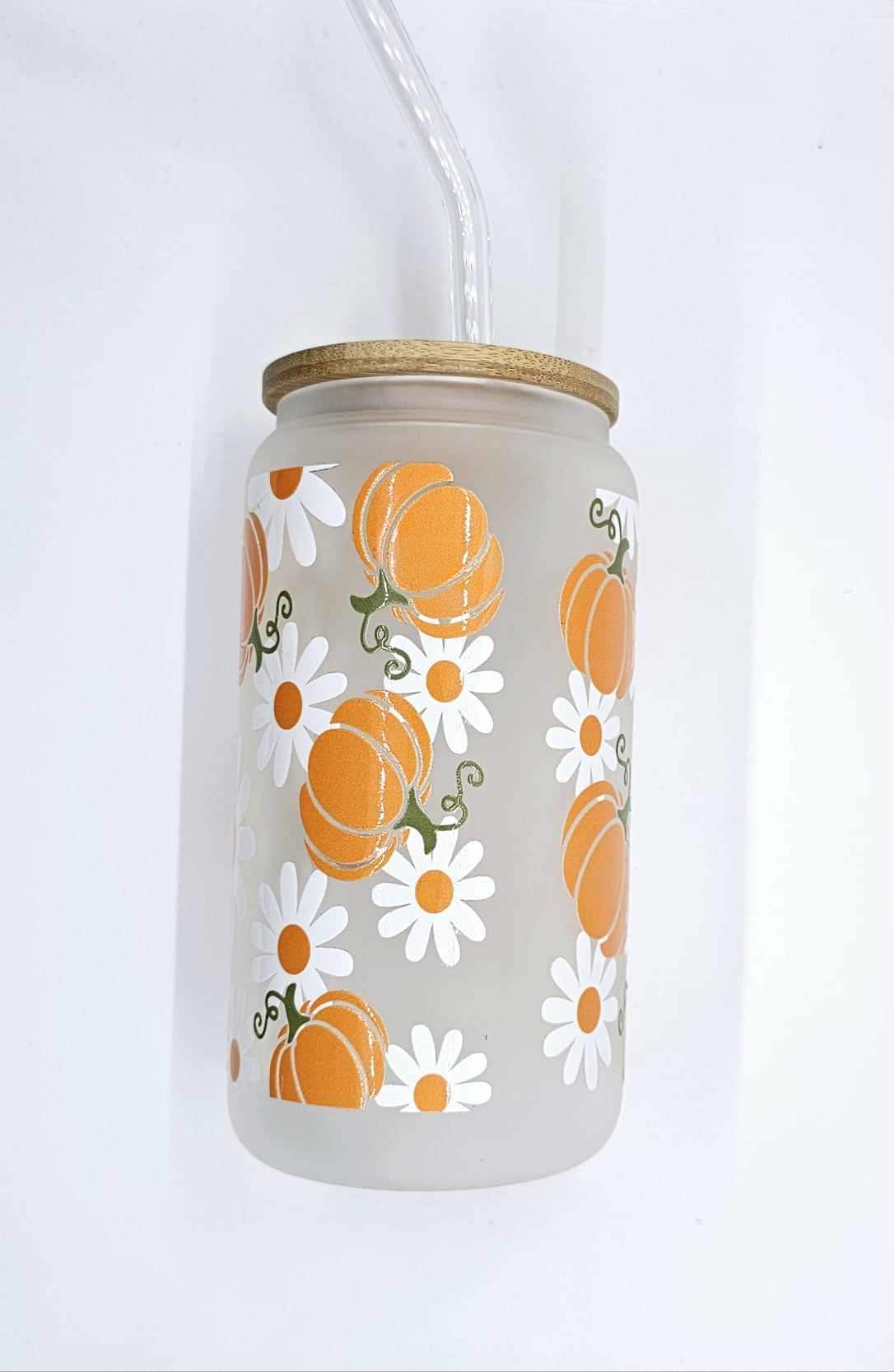 PUMPKIN AND DAISY GLASS CAN TUMBLER