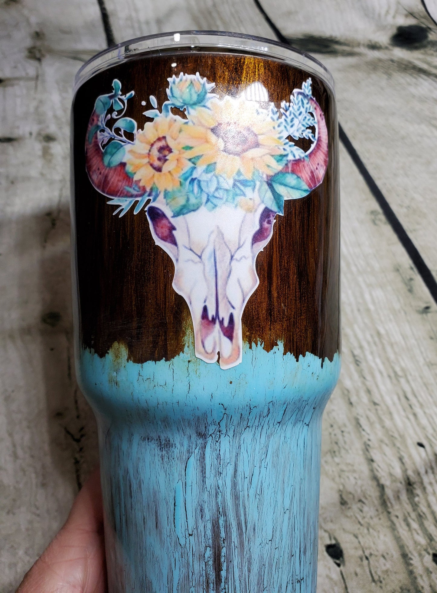 RUSTIC COW SKULL WITH SUNFLOWERS DISTRESSED TWO-TONE WOODGRAIN TUMBLER