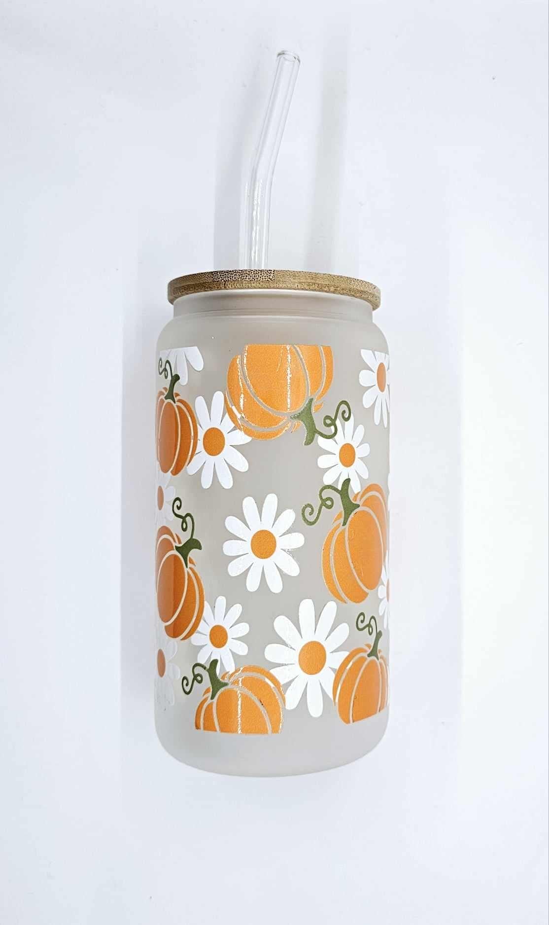 PUMPKIN AND DAISY GLASS CAN TUMBLER