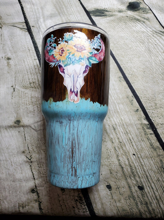 RUSTIC COW SKULL WITH SUNFLOWERS DISTRESSED TWO-TONE WOODGRAIN TUMBLER