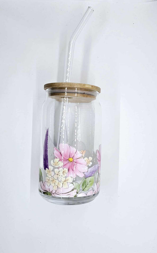 FLOWERS GLASS CAN TUMBLER