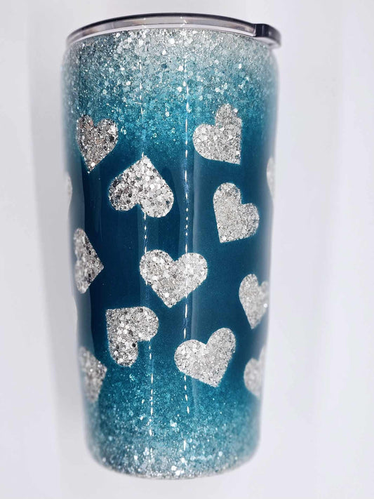 TEAL WITH SILVER HEARTS TUMBLER