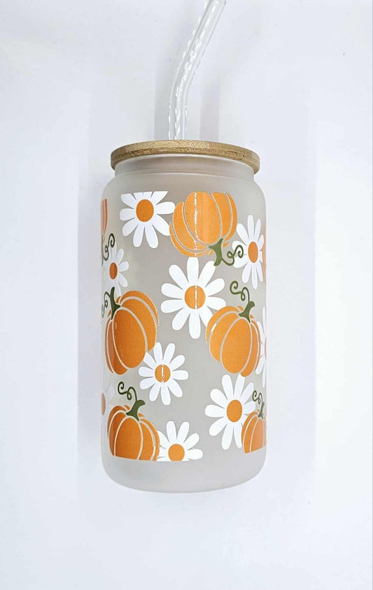 PUMPKIN AND DAISY GLASS CAN TUMBLER