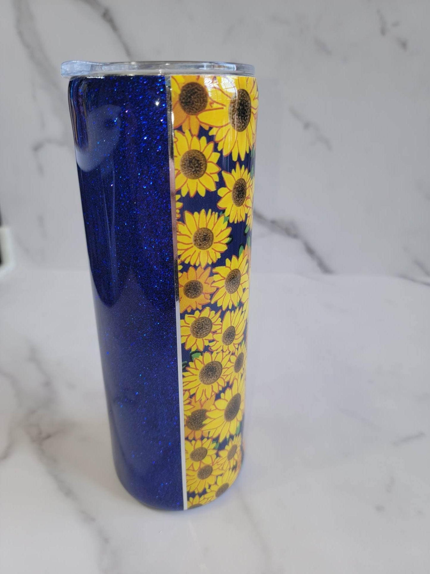 SUNFLOWERS AND BLUE GLITTER TUMBLER