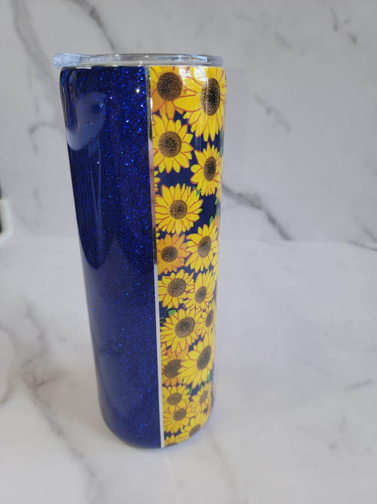 SUNFLOWERS AND BLUE GLITTER TUMBLER